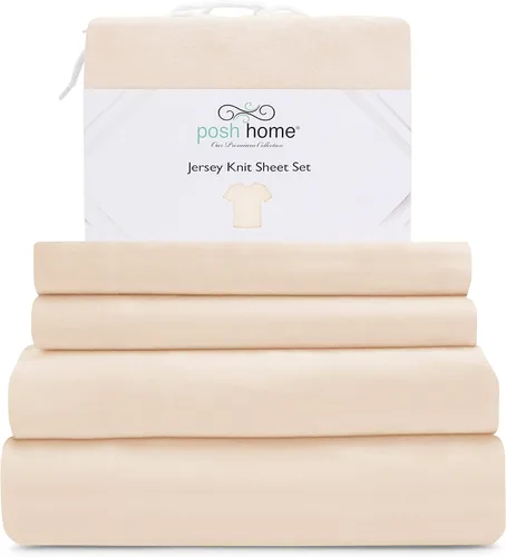 Vista 9 de Posh Home Juego de sábanas de punto de jersey, sábanas de 3 piezas, sábanas de jersey de algodón transpirable y suave, incluye sábana encimera