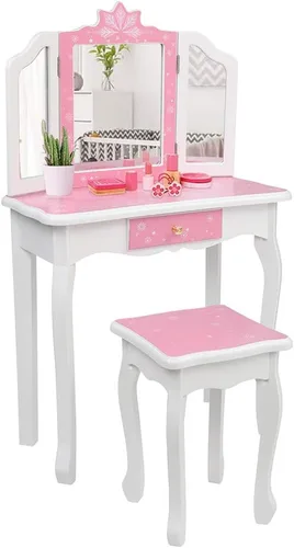 Vista 4 de Juego de tocador con espejo y taburete para niñas, tocador de maquillaje con cajón, mesa de tocador de princesa para niñas