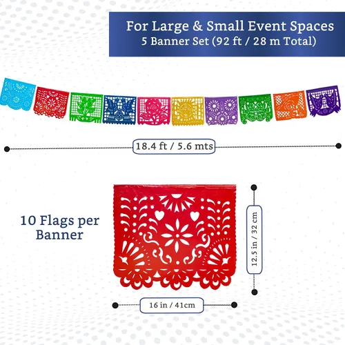 Vista 2 de Pancartas de fiesta mexicana (paquete de 5 con 10 banderas de plástico por bandera), papel picado mexicano para fiesta, papel picado de plástico
