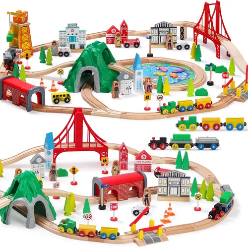Vista 8 de SainSmart Jr. Juego de tren de madera de 50 piezas, tren de juguete con exquisita caja, juego de pista de tren de madera apto para las principales