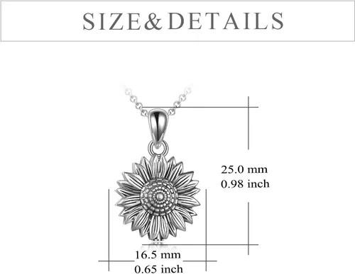 Vista 4 de Collar de urna de girasol de plata de ley para cenizas, joyería de cremación de flores rosas para cenizas