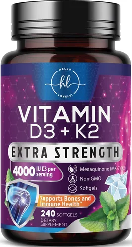 Vista 10 de Suplemento de vitamina D con K2 (MK-7) 4000IU - Vitamina D3, suplemento natural del complejo D3K2 para huesos, dientes, músculos, absorción