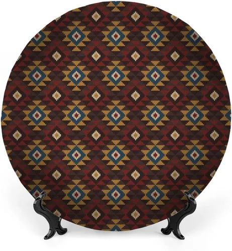 Vista 12 de Platos decorativos, adorno con estampado tribal, diseño de rayas estilo de cultura maya azteca, 6 pulgadas, 1 plato con 1 soporte de exhibición