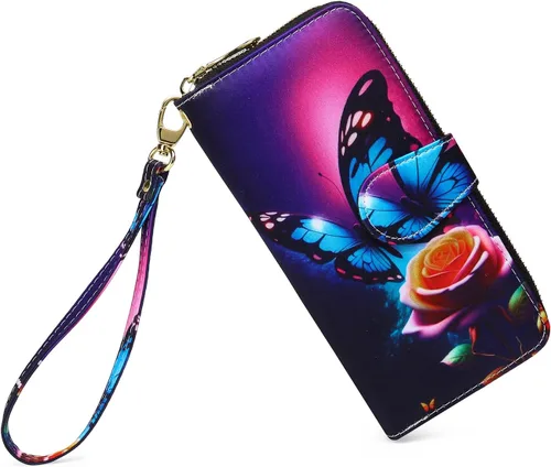 Vista 14 de Cartera de mano para mujer, estilo bohemio, con RFID, elegante, espaciosa con correa para viajes, capacidad para tarjetas, teléfono, dinero