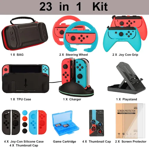 Vista 2 de Switch Accessories Bundle for Nintendo Switch Games Kit with Carrying Case Steering Wheels Screen Protectors Charging Dock Grips Caps 23 in 1