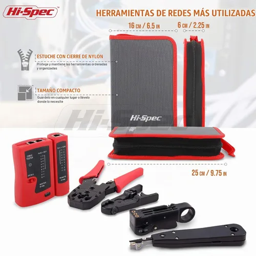 Vista 4 de Hi-Spec Juego de herramientas de probador de cables de red de 9 piezas para CAT5, CAT6, RJ11, RJ45. Engarzadora Ethernet LAN, perforación