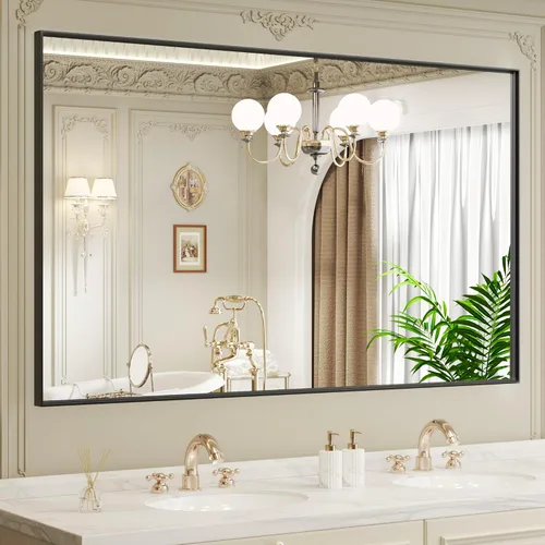 Vista 6 de LOAAO Espejo de Baño de Pared Rectangular Negro de 20"X30", Marco de Aleación de Aluminio Negro Mate, Vidrio Templado, se Cuelga Vertical u