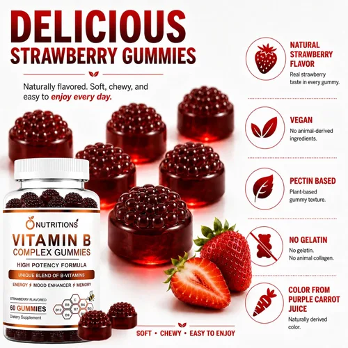 Vista 5 de O NUTRITIONS Gomitas veganas de complejo de vitamina B con vitamina B12, B7 como biotina, B6, B3 como niacina, B5, B6, B8, B9 como folato
