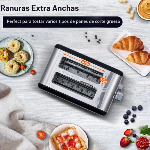 Vista 4 de CUSIMAX Tostadora de acero inoxidable de 2 rebanadas con pantalla LED grande, ranuras extra anchas de 1.5 pulgadas, 6 ajustes de tostado, función
