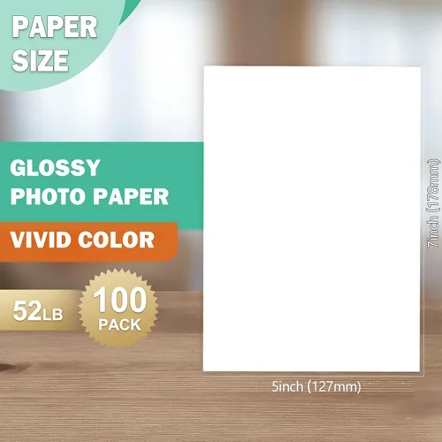Vista 7 de Papel fotográfico de 5 x 7, paquete de 100 unidades, papel fotográfico brillante de 52 libras para impresora de inyección de tinta, 7.05 oz/m²