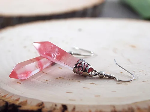Vista 3 de Aretes de cuarzo rosa, piedra rosa natural, plata, gota y colgante, cristal real colgante, joyería hecha a mano, hipoalergénica, piedra de amor
