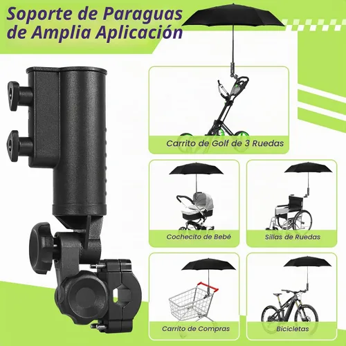 Vista 6 de Soporte de paraguas de carrito de golf resistente ajustable en 180° para cochecito, bicicleta, silla de ruedas, silla de ruedas, silla de playa