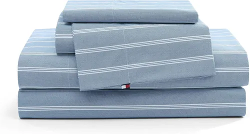 Vista 27 de Tommy Hilfiger - Sábanas para cama individual, ropa de cama de percal de algodón crujiente y fresca con funda de almohada a juego, juego de cama
