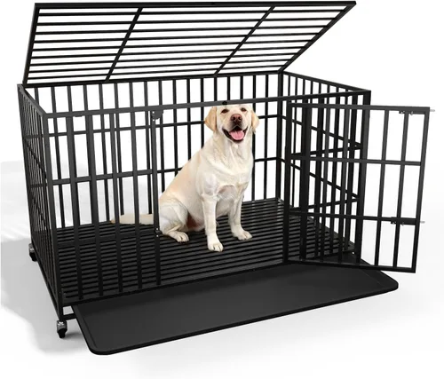 Vista 16 de LEMBERI - Jaula para perro indestructible y resistente de 48/38 pulgadas, a prueba de escapes con ruedas bloqueables, doble puerta para evitar
