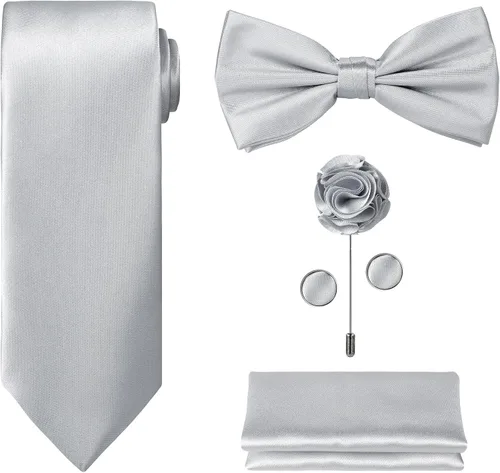 Vista 45 de TIE G 5pcs Tie Set in WHITE OR BLACK GIFT BOX: Solid Color Necktie, Satin Bow Tie, Pocket Square, Lapel, Cuff Links A-aqua