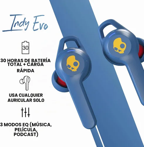 Vista 4 de Skullcandy Indy Evo in-Ear Wireless Earbuds, 30 Hr Battery, Microphone, Works with iPhone Android and Bluetooth Devices - Blue 92 azul