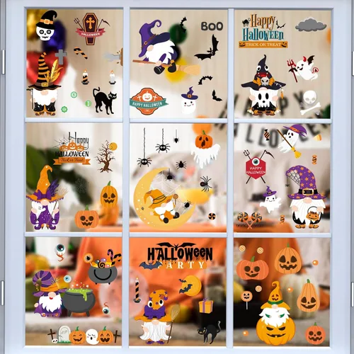 Vista 9 de AUAUY Decoración de ventana de Halloween, 9 hojas, 70 unidades, calcomanías para ventana, imágenes de ventana de doble cara con calabaza
