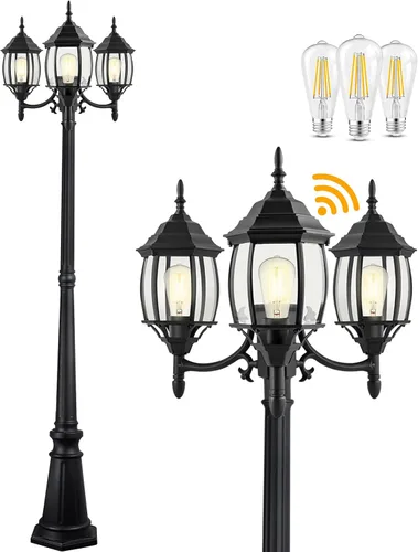 Vista 8 de PARTPHONER Lámpara de poste para exteriores, 3 cabezales, color negro clásico con paneles de vidrio transparente, base E26 máxima de 100 W