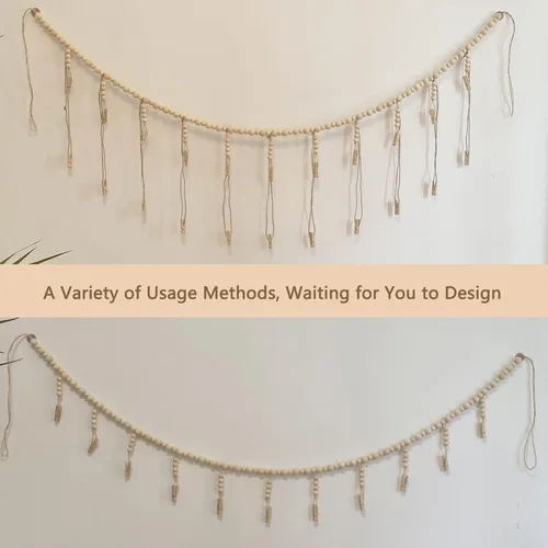 Vista 4 de Exhibidor de fotos para colgar con 22 clips, guirnalda de cuentas de madera, decoración de marco de collage estilo boho para dormitorios, aulas