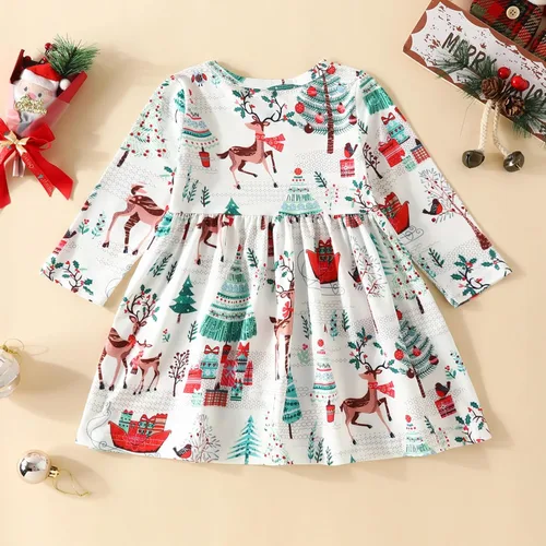 Vista 5 de Vestido de Navidad para bebés, niñas pequeñas, manga larga, estampado de ciervos y dibujos animados