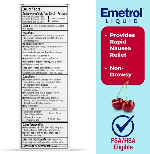 Vista 2 de Emetrol Alivio líquido para las náuseas sin somnolencia, medicina para el malestar estomacal, alivio de náuseas recomendado por farmacéuticos, sabor