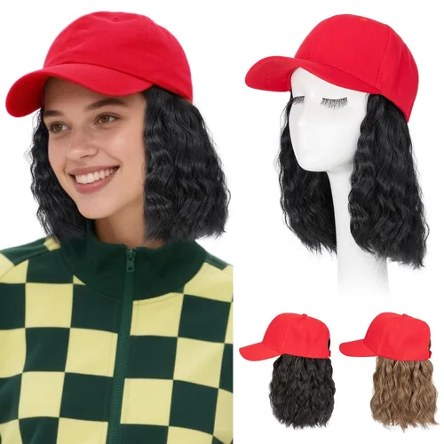Vista 52 de Hairro Peluca de gorra de béisbol con cabello adjunto, corto estilo Bob ajustable, extensiones de cabello sintético para mujeres, balayage