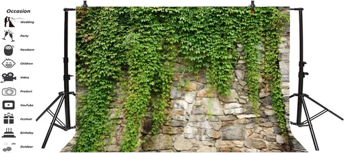 Vista 3 de Leyiyi Fondo de hojas de jardín de primavera de 5 x 3 pies, plantas de jardinería, grunge, piedra, pared, verde, bandera, veleta, rama, cubierta
