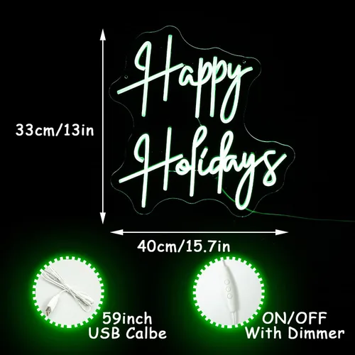 Vista 3 de Letrero de neón con texto en inglés "Happy Holidays", regulable, luz de neón LED verde, alimentada por USB, para dormitorio universitario