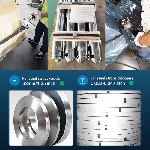 Vista 5 de Máquina de flejado de acero neumática, herramienta de flejado de metal, tensor y cortador sellador, empacadora resistente para flejado de 1 1/4