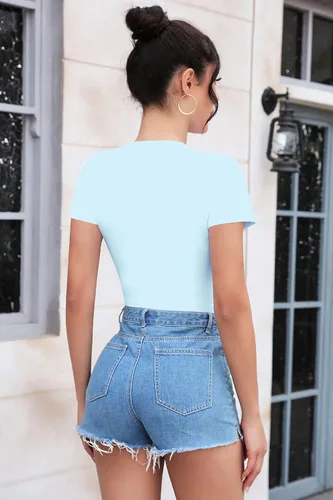 Vista 4 de SHEIUGU Camiseta de manga corta con cuello redondo para mujer, ajustada, básica, leotardo