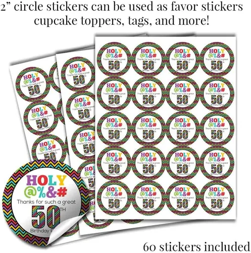 Vista 4 de HOLY - Kit de calcomanías para fiesta de cumpleaños número 50, 429 piezas. Incluye 60 calcomanías circulares de 2 pulgadas, 45 mini envoltorios