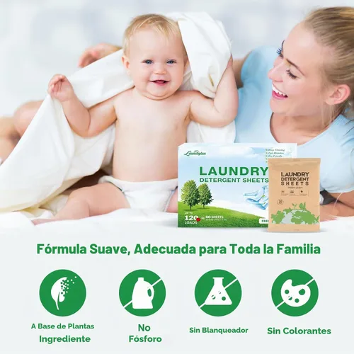 Vista 5 de Hoja de detergente para ropa, tiras de lavado ecológicas e hipoalergénicas Ingredientes naturales, ultraconcentrados, listos para viajar, sin