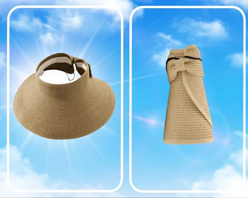 Vista 2 de Visera solar de paja para mujer, ala ancha, protección UPF 50+, sombrero de playa, ajustable, plegable, gorra de cola de caballo con correa