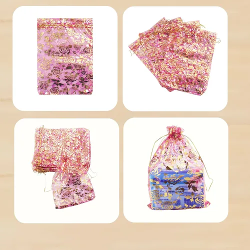 Vista 4 de Paquete de 100 bolsas de organza con cordón de 7 x 9 pulgadas, bolsa de regalo de joyería de organza con cordón para regalos de boda (flor fucsia)