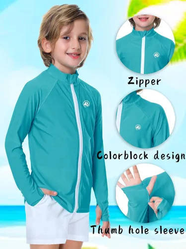 Vista 3 de AOBUTE Camiseta unisex con cremallera para niños, protección UV UPF 50+, con agujero para el pulgar, de 3 a 12 años