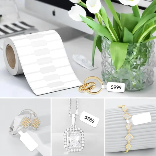 Vista 5 de 500 etiquetas de precio de joyería, rollo para etiquetas de exhibición de anillos de collares, etiquetas rectangulares autoadhesivas de Etiquetas