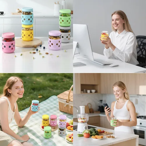 Vista 7 de Paquete de 4 recipientes para avena nocturna con tapas de vidrio engrosado, frascos Mason de 16 oz con fundas de silicona, herméticos a prueba