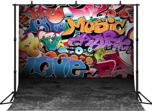 Vista 10 de Telones de fondo de fotografía de graffiti de 5 x 3 pies, colorido hip hop urbano temática sesión de fotos de regreso a la fiesta temática