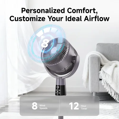 Vista 4 de Ventilador de pedestal oscilante, ventilador de pie ultra silencioso de 25 dB con 8 velocidades, temporizador de 12 horas, circulación de aire