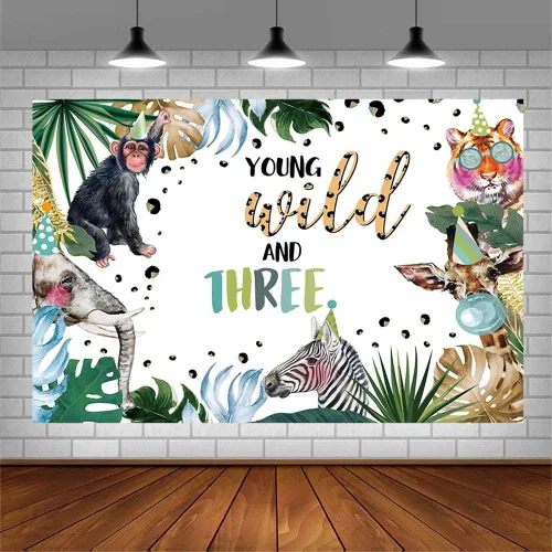 Vista 3 de AIBIIN Telón de fondo de vinilo para cumpleaños, 7 x 5 pies, azul, jóvenes salvajes y tres animales de la selva safari, para decoraciones de fiestas