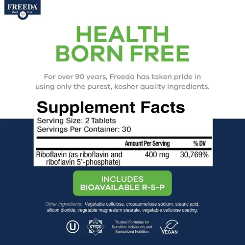 Vista 3 de FREEDA Suplemento de vitamina B2 de 400 mg con riboflavina-5-fosfato – Vitaminas B2 de alta potencia riboflavina 400 mg por porción para energía