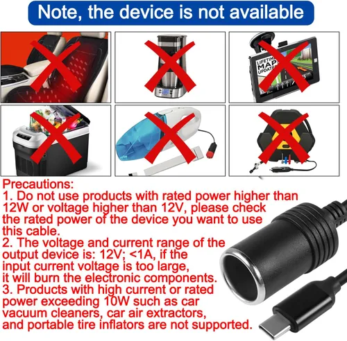 Vista 4 de Cable de alimentación USB C a encendedor de cigarrillos, cable de alimentación USB C macho a 12 V, cable convertidor hembra para grabadora