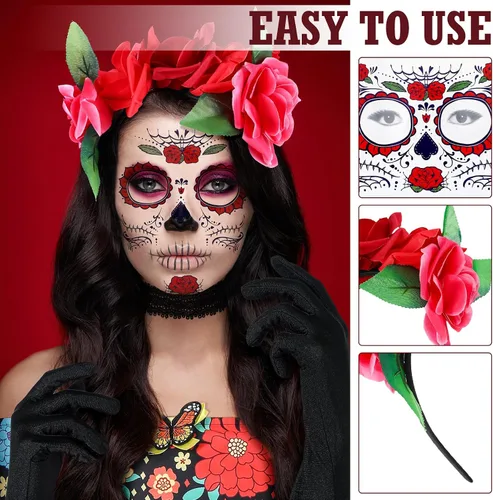 Vista 3 de Xtinmee 4 piezas de disfraces del Día de los Muertos para mujer, incluyen vestido, diadema, guantes y tatuaje facial para cosplay, Halloween