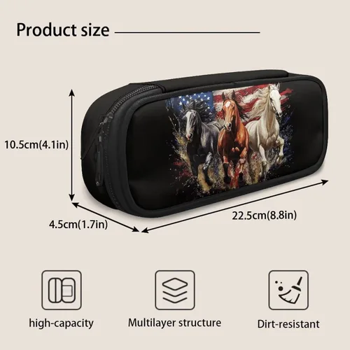 Vista 7 de Estuche para lápices de caballo con bandera estadounidense para adultos y niños, bolsa de lápices estética de gran capacidad, portalápices portátil