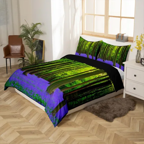 Vista 2 de Erosebridal Funda de edredón lavanda para niños, niñas, adultos, mujeres, funda de edredón de árboles verdes, tamaño individual, juego de ropa