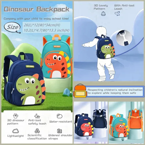 Vista 3 de Bansusu Mochila infantil antipérdida de dinosaurio para niños preescolares con correa de seguridad, mochila pequeña ligera para niños, bolsa