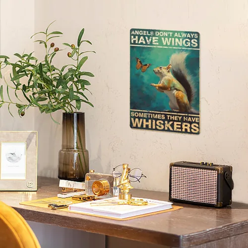 Vista 4 de Póster de pared vintage, placa de metal, ángeles no siempre tienen alas a veces tienen bigotes, póster de pared de metal de ardilla, placas