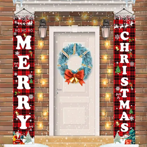 Vista 3 de Decoraciones de Navidad, juego de letreros a cuadros de búfalo rojo y negro para festival, cartel de puerta de Feliz Navidad, patio al aire libre