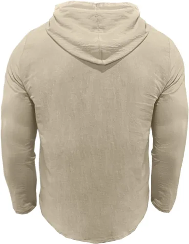 Vista 4 de Camisas de algodón y lino para hombre, estilo retro, hippie, guayabera, con capucha, manga larga, cuello en V, con botones, sudaderas con capucha