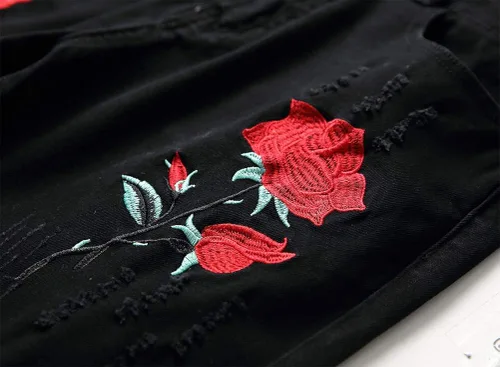 Vista 3 de Ylingjun - Pantalones vaqueros elásticos para hombre con bordado de rosa envejecido